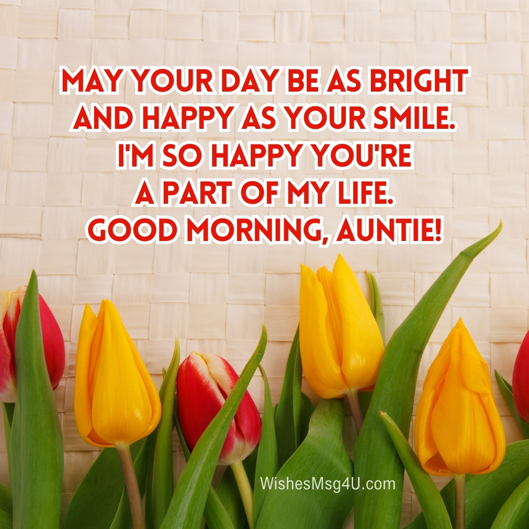 May your day be as bright and happy as your smile. I'm so happy you're a part of my life. Good Morning Aunt.