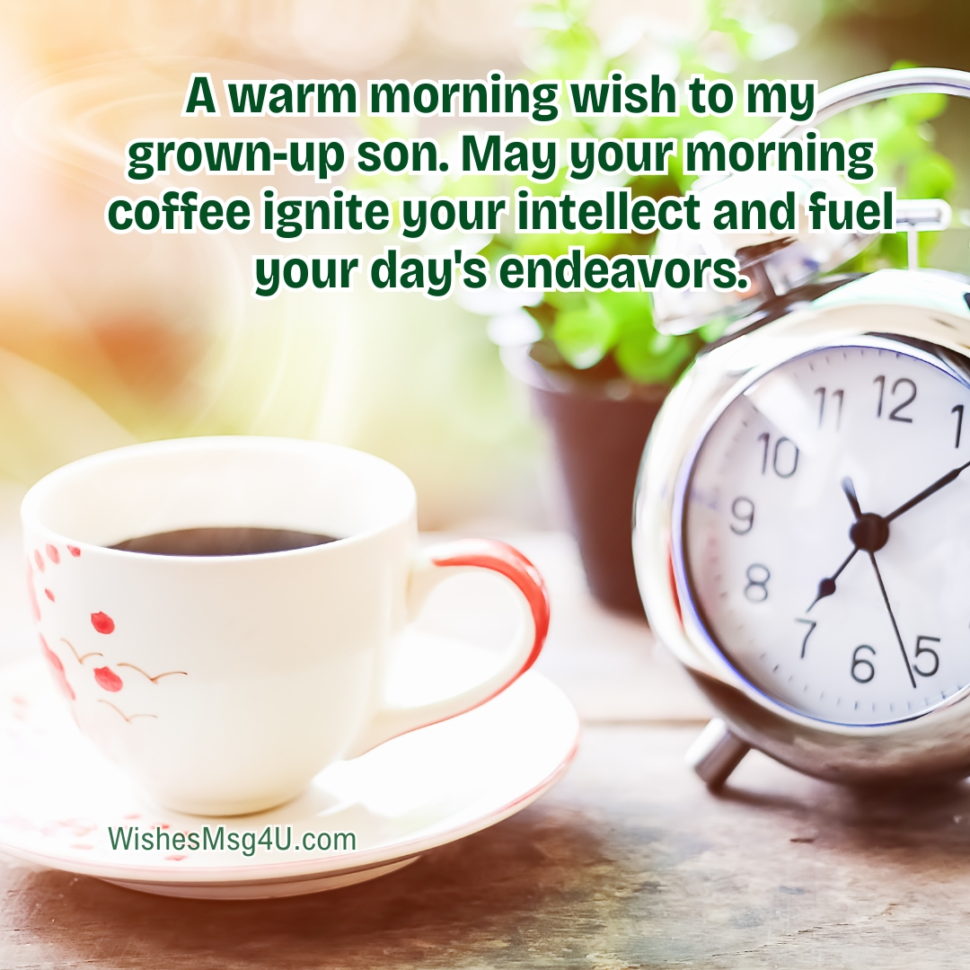 A warm morning wish to my grown-up son. May your morning coffee ignite your intellect and fuel your day's endeavors. Good Morning Son.