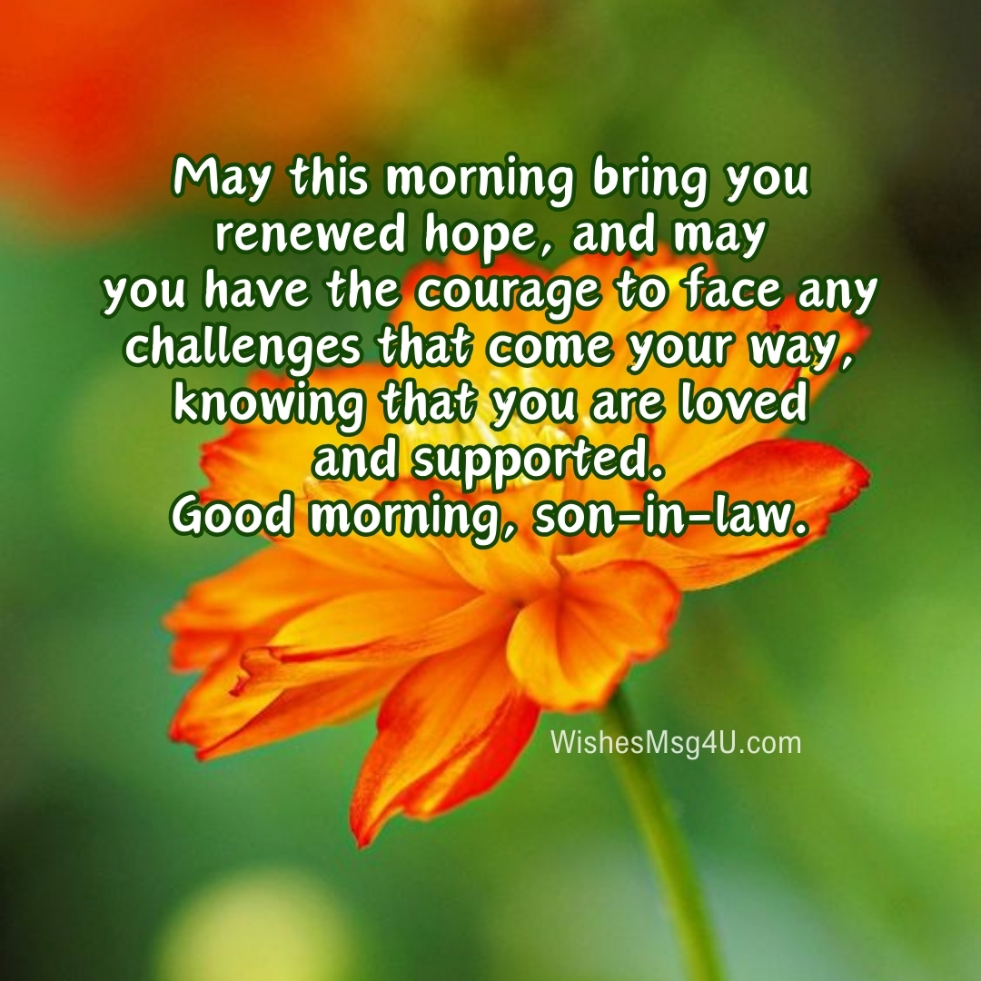 May this morning bring you renewed hope, and may you have the courage to face any challenges that come your way, knowing that you are loved and supported. Good Morning Son-in-Law.