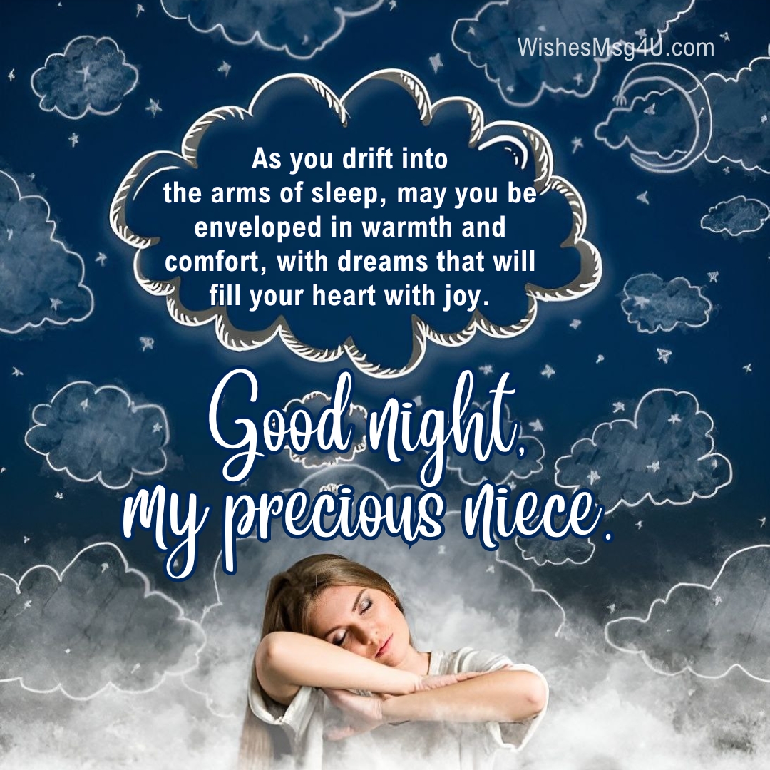 As you drift into the arms of sleep, may you be enveloped in warmth and comfort, with dreams that will fill your heart with joy. Good Night Niece.