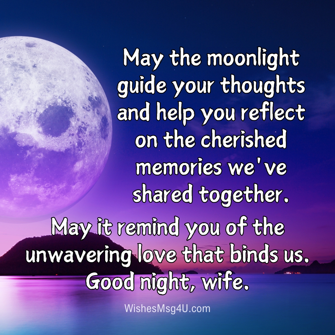 May the moonlight guide your thoughts and help you reflect on the cherished memories we've shared together. Good Night Wife.