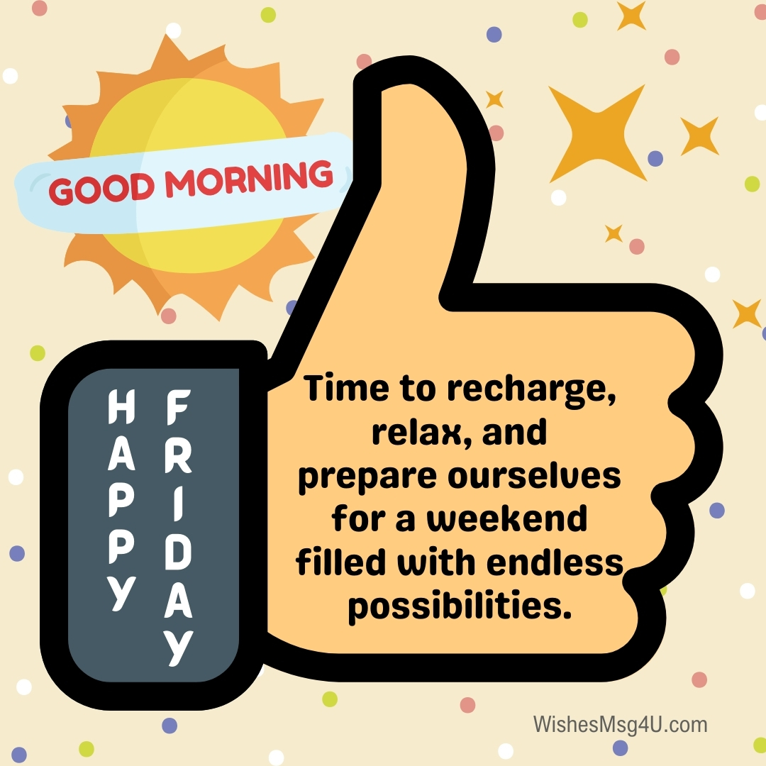 Time to recharge, relax, and prepare ourselves for a weekend filled with endless possibilities. Good Morning Happy Friday.